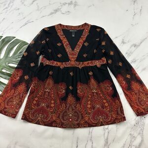 INC Womens Vintage Y2k Babydoll Top Size L Black Orange Paisley Mesh Sheer Trim